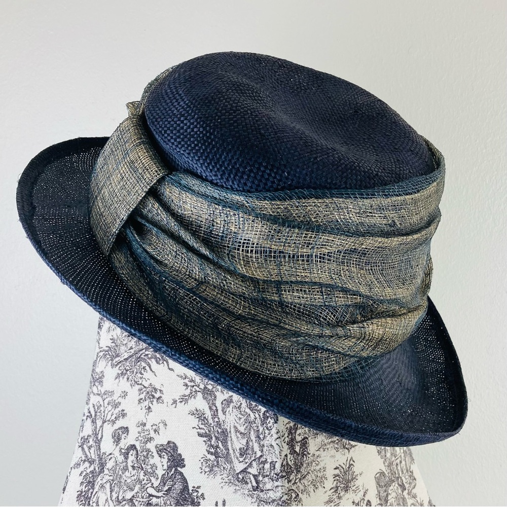 Vintage Laura Ashley Navy Straw & Mesh Netting Hat Great Britain